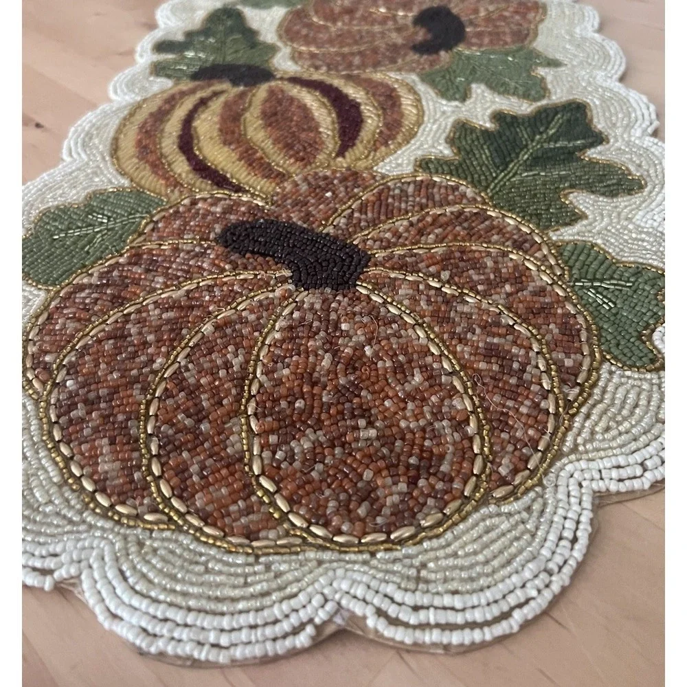 Heavy Pier 1 Fall Harvest Pumpkin Beaded Table Runner Thanksgiving Halloween 36